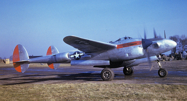 The high speed of the Lightning made it an ideal platform for reconnaissance missions. In this role, the Lightning was designated F-5. Note the camera port in the nose.